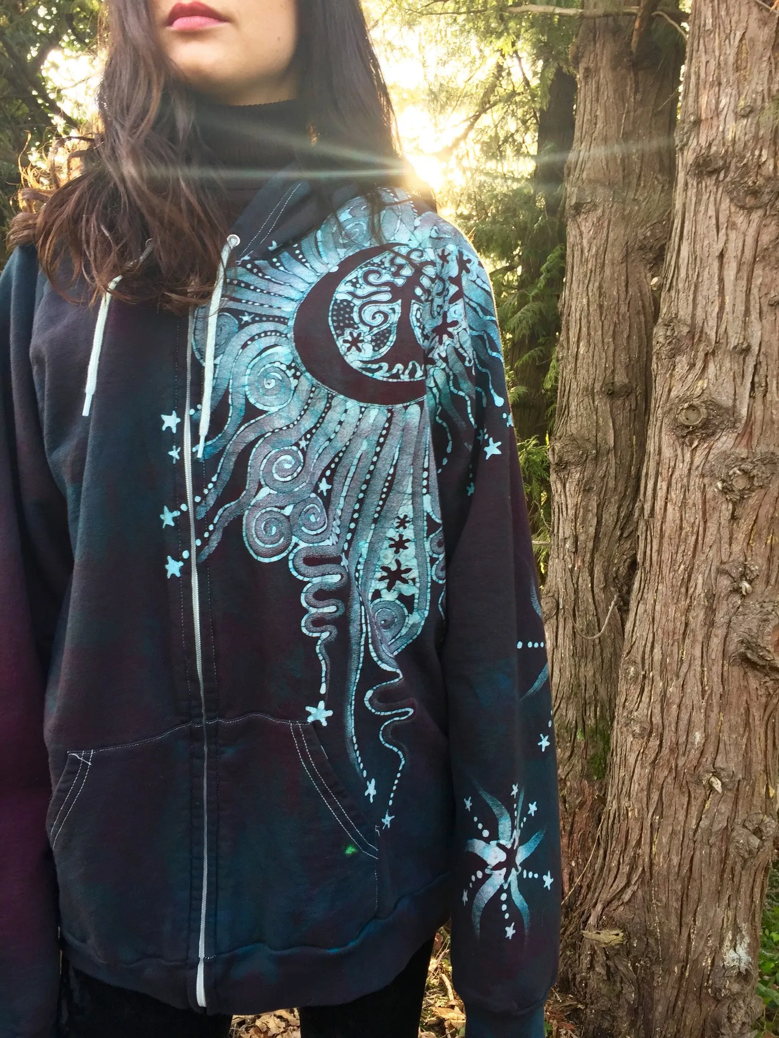 Teal and Steel Sun Tree Organic Cotton Batik Hoodie