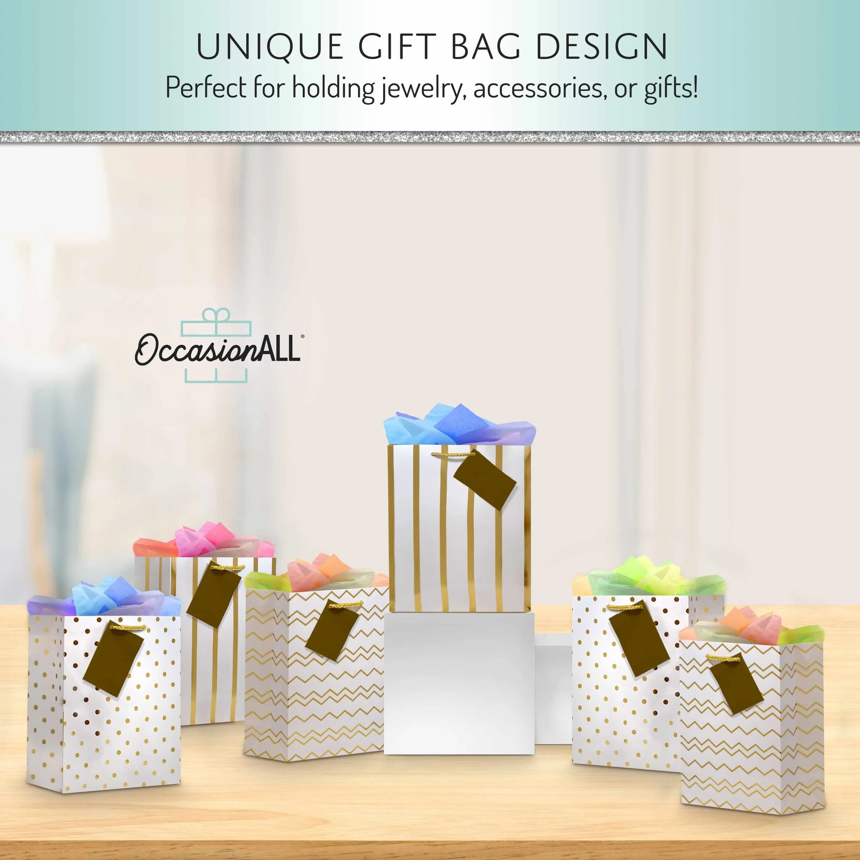 White & Gold Assorted Print Gift Bags